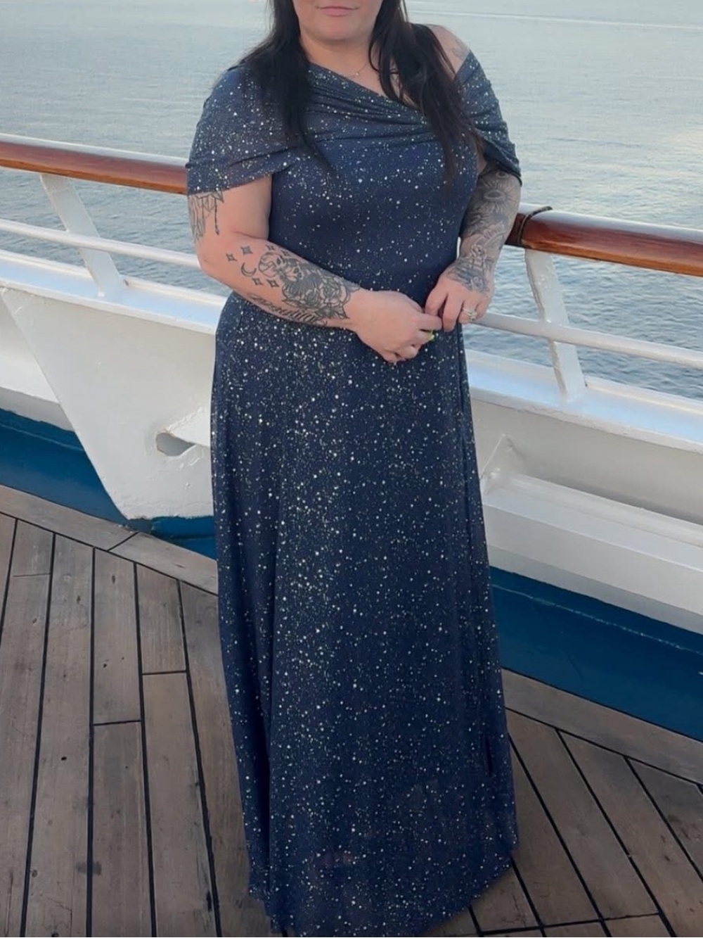 SHEIN Navy Sparkle One-Shoulder Maxi Dress